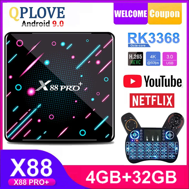 QPLOVE Android tv Box X88 PRO Plus RK3368 8 ядерный процессор Chipest и PowerVR G6110 GPU 4 ГБ 32 Поддержка HDMI 2.0a