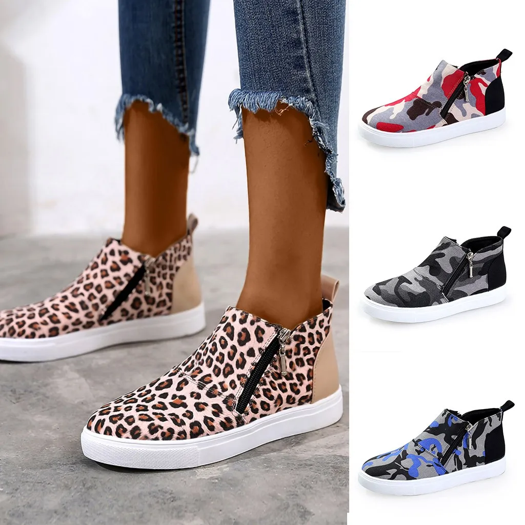 Женские камуфляжные ботинки с леопардовым принтом на плоской подошве|Обувь без