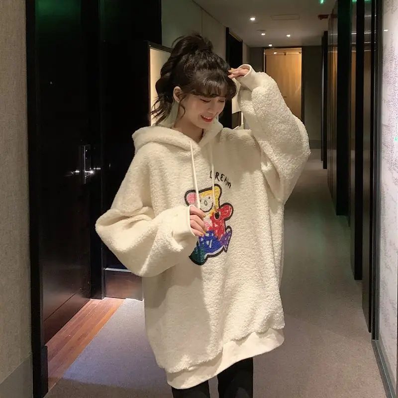 Bear ear hat pullover hoodie imitation lamb wool Korean winter ladies hoodie 2020 new Harajuku