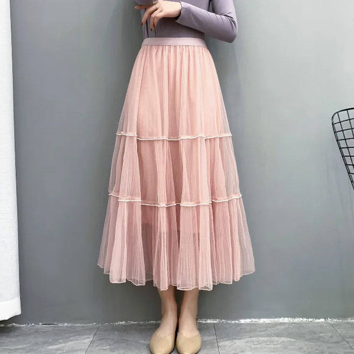 

Весенние милые тюлевые плиссированные макси длинные юбки с бисером Cakee, пышные плиссированные трапециевидные длинные сетчатые юбки