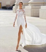 chiffon long sleeve 2021 wedding dress side slit high lace appliques with bohemian beach bridal gowns for women custom made