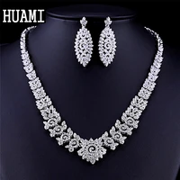 huami luxury women earrings and necklace jewelry sets for evening party high quality big shine cubic zirconia wedding kolczyki