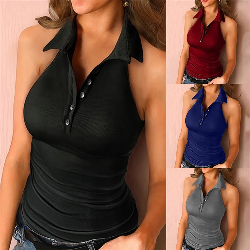 Мода 2020 размера плюс без рукавов отложной воротник Топы на бретельках для женщин