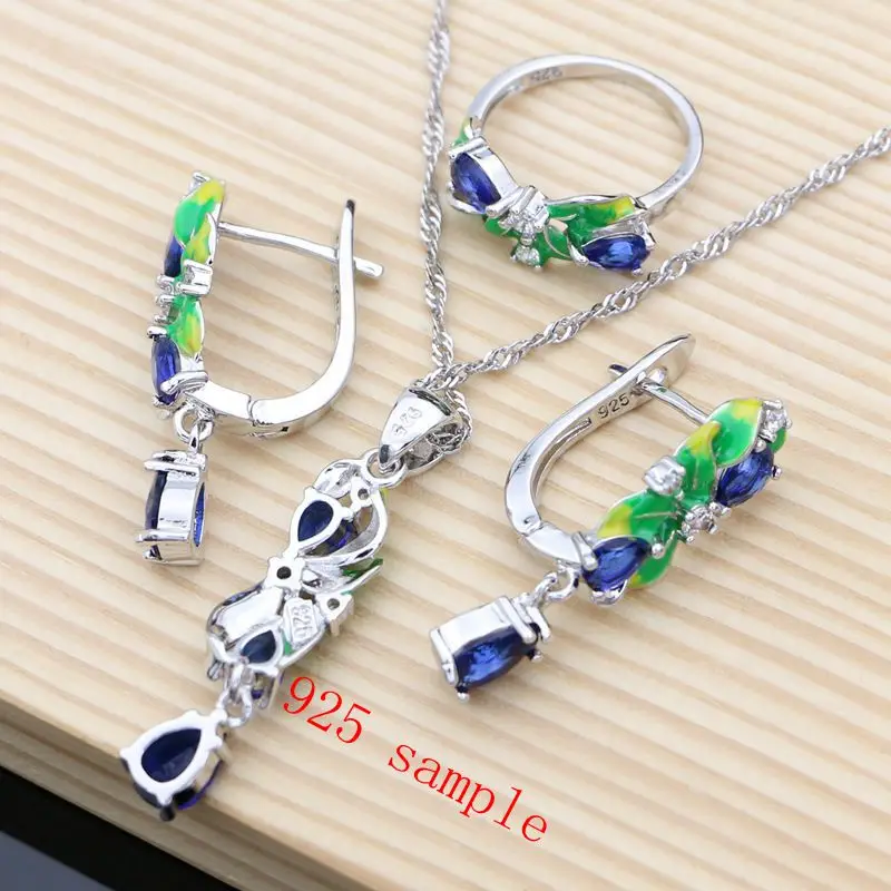 

Drop Blue Sapphire Jewelry Sets 925 Silver Exquisite Enamel Earrings Charm Stone Bracelet Jewelry for Women Dropshipping