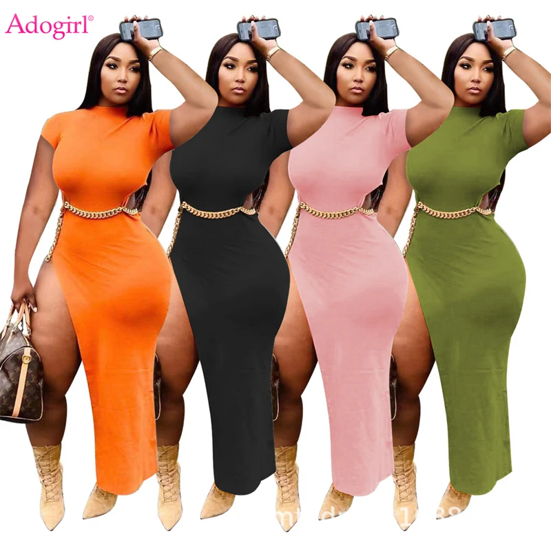 

Adogirl Women Solid Casual Maxi Dress with Chain Belt O Neck Short Sleeve Side Split Bodycon Long Streetwear Summer Dresses