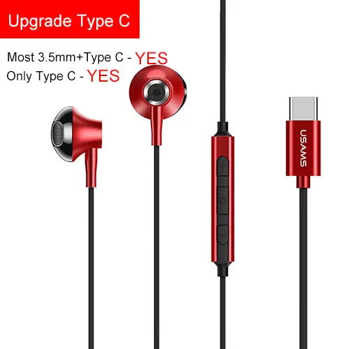 Upgrade Red Type C USAMS наушники-вкладыши 3,5 мм/type C металлические Hifi микрофон с проводной гарнитурой 4D стерео проводные наушники для iPhone 6S se samsung Xiaomi - Цвет: Upgrade Red Type C