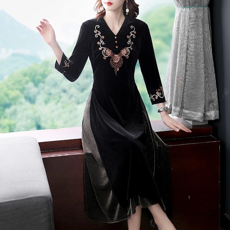 2019 Fall Spring Chinese Womens Green Black Patchwork Embroidery Velour Cheongsam Long Dress Women Slim 3xl Velvet Dresses | Женская