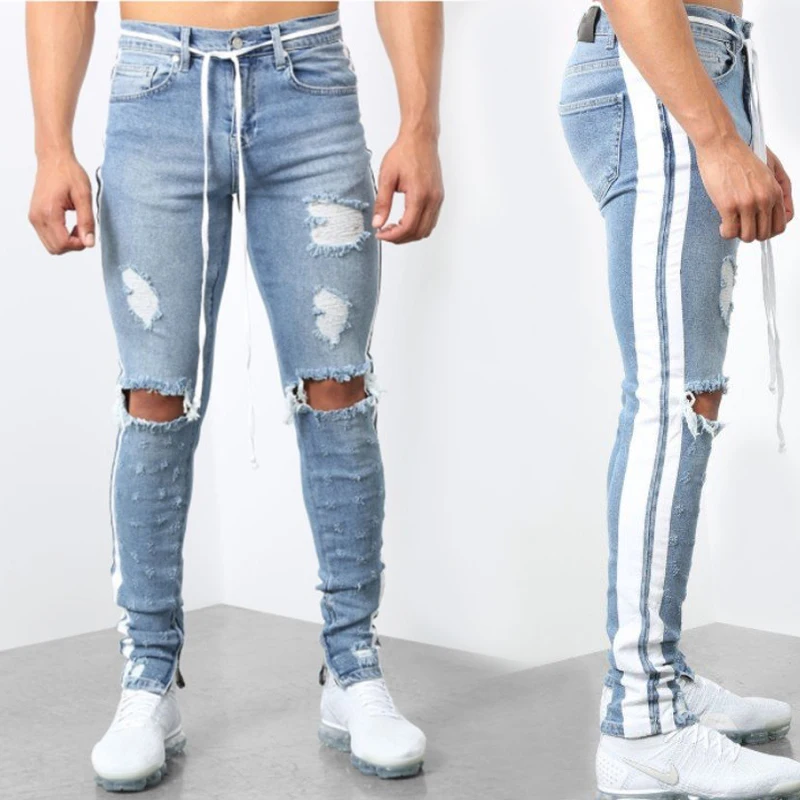 Мужские стильные рваные джинсы мужские узкие брюки прямые потертые джинсовые