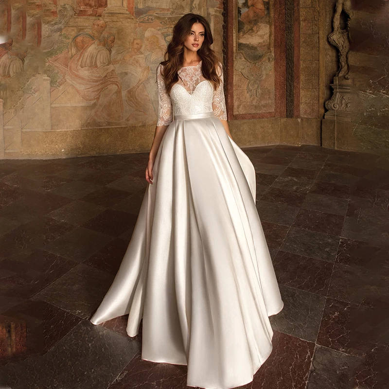 

Brilliant Matte Satin Jewel Neckline A-line Wedding Dresses Half Sleeves Bridal Dress Vestidos Noiva