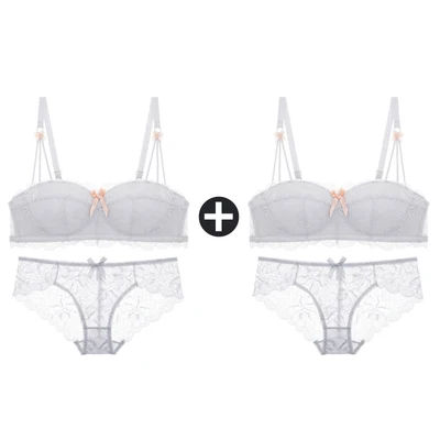 Grey And Grey Sets 2 шт., бюстгальтеры для женщин, маленькая грудь, беспроводной бюстгальтер, кружевной бесшовный бюстгальтер с эффектом пуш-ап и трусики, набор, половина чашки, сексуальные трусы, нижнее белье - Цвет: Grey And Grey Sets