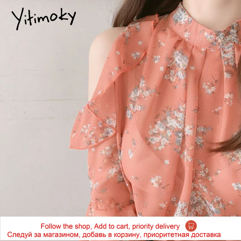 

Yitimoky Chiffon Women Shirts Blouses Print Floral Tops Plus Size Flare Three Quarter Sleeve O-Neck Casual Shirts Korean Fashion