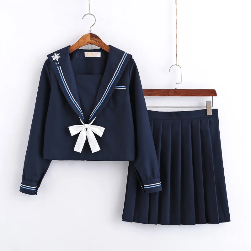 

Новая темно-синяя японская школьная форма, Осенний матросский Топ с длинным рукавом и плиссированная юбка, вышивка, «Снег», униформа JK для д...