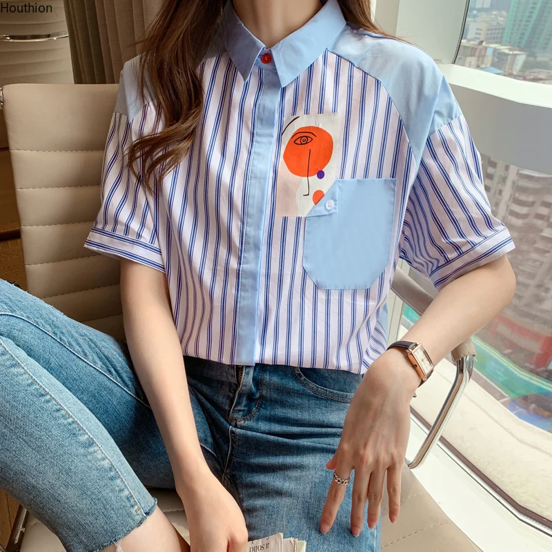 

Houthion New Short-sleeved Women's Blouse Splicing Striped Tops Summer Korean Fashion Casual Cotton Polo Collar Shirt