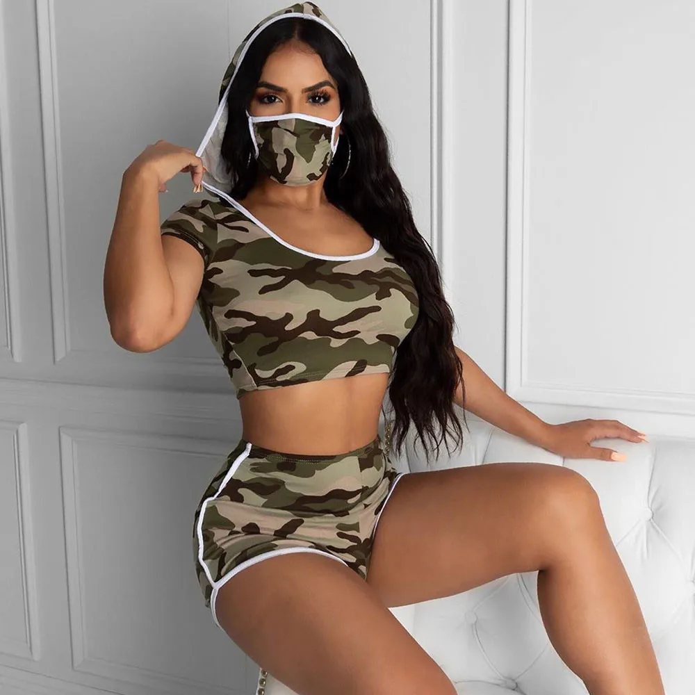 

Sexy Short Two Piece Set Women Hooded Crop Tops and Shorts Sweat Suits Casual Camouflage Matching Sets Fitness Jogger Tracksuit