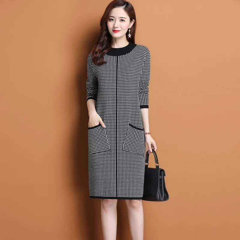 

New Women Thick Sweater Autumn Winter 2021 Casual Fashion O-Neck Warm Plus Velvet Knit Pullover Dress Loose Elastic Base Sweater