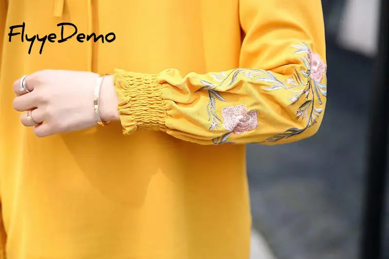 

Women Blouses Flare Sleeves Chiffon Shirt Summer Bow Lace Up Solid Embroidery Female Tops Ruffle Neck Pullover Vintage Blusa