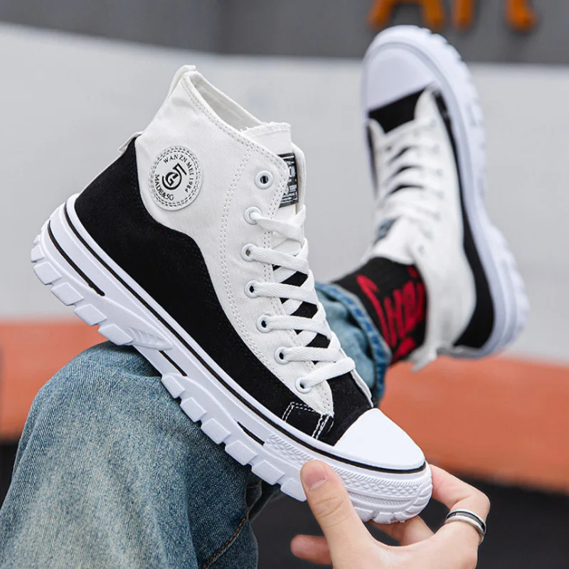 

Кеды мужские на толстой подошве, повседневные холщовые кроссовки с высоким верхом, Вулканизированная подошва, Студенческая спортивная обу...