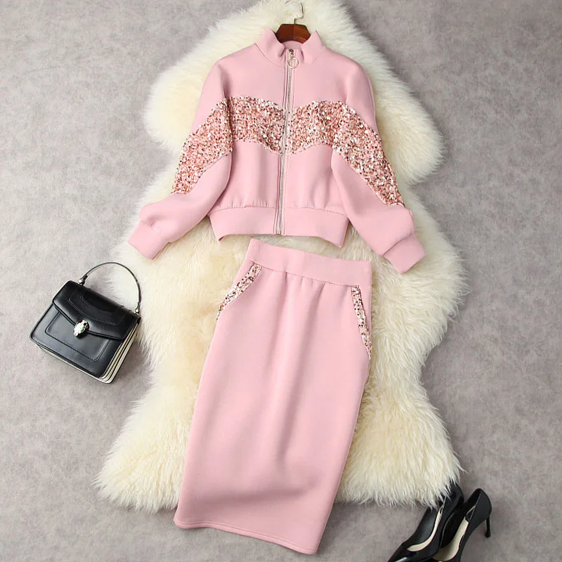 

HIGH STREET Newest 2021 Designer Runway Suit Set Fall Winter Sequined Zip Sweatshirt Skirt Suit