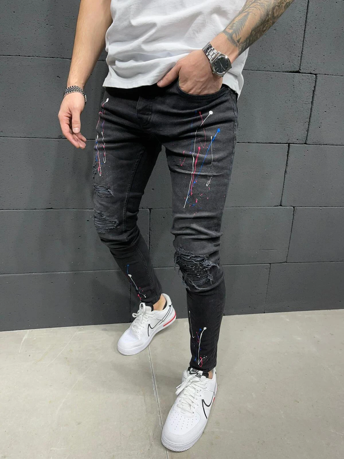 Men Skinny Jeans Oil paint Long Pencil Pants Ripped Jeans Slim Spring Hole Male Hip-hop Trousers Clothes