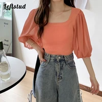 lantern sleeve shorts t shirt female white 2021 summer new korean fashion mesh stitching pure color square neck knitted top