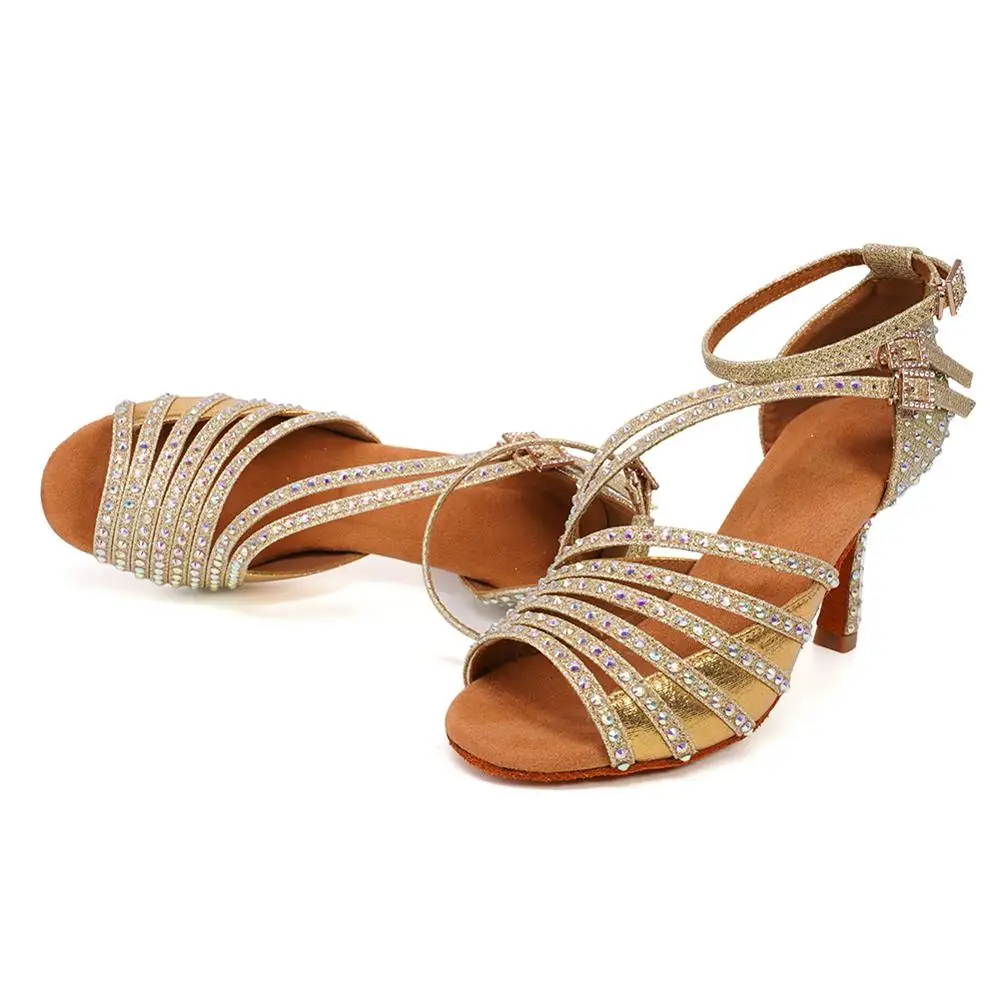 

DKZSYIM Latin dance shoes ladies rhinestone salsa glitter ballroom sandals party dance shoes high heel 6-10 cm black silver gold