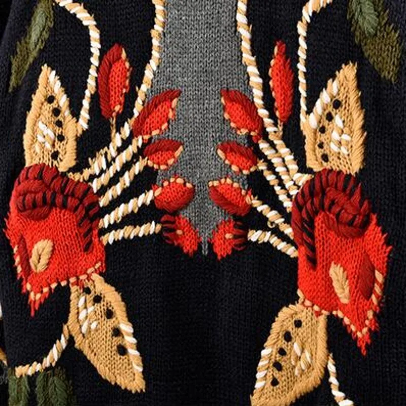 

New Vintage Indie Folk Embroidery Womens Thick Turtleneck Sweaters Long Sleeve Medium Length Straight Female Tops Winter Wear