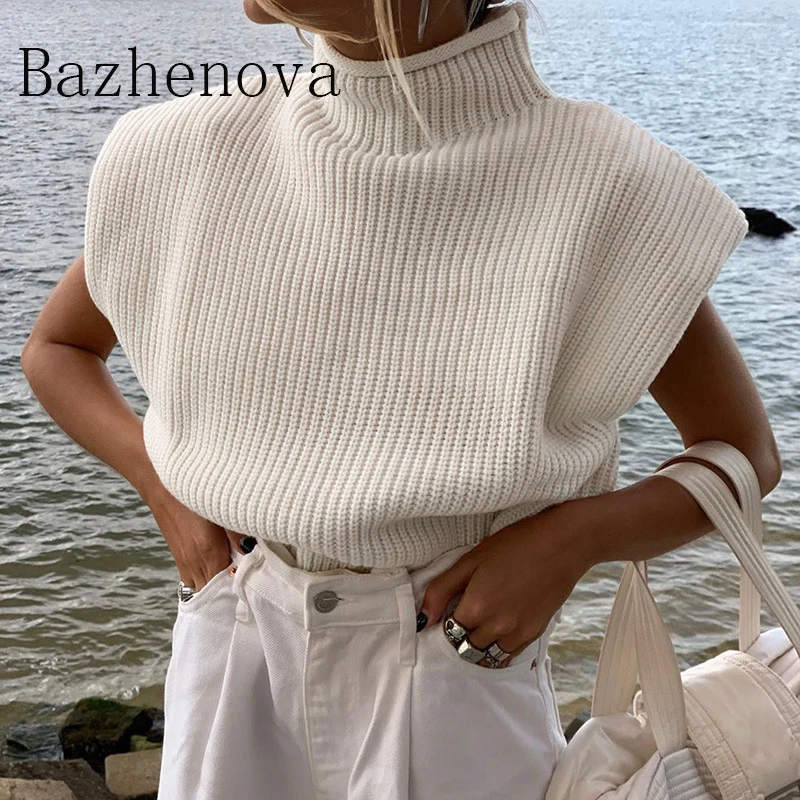 

Bazhenova Women Winter New Solid Color Sweater Girl Sexy Charm High Neck Short Sleeve Sweater Ladies Sweet Knit Top Woman R1116