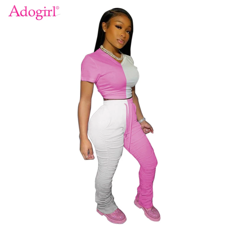 

Adogirl Color Patchwork Women Tracksuit Casual Two Piece Set O Neck Short Sleeve T Shirt Crop Top Ruched Flare Pants Suits