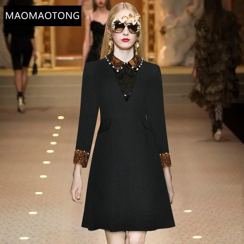 

Fashion Designer Autumn Black Dress Women's Turn-down Collar Splicing Beading Vintage Short Dress