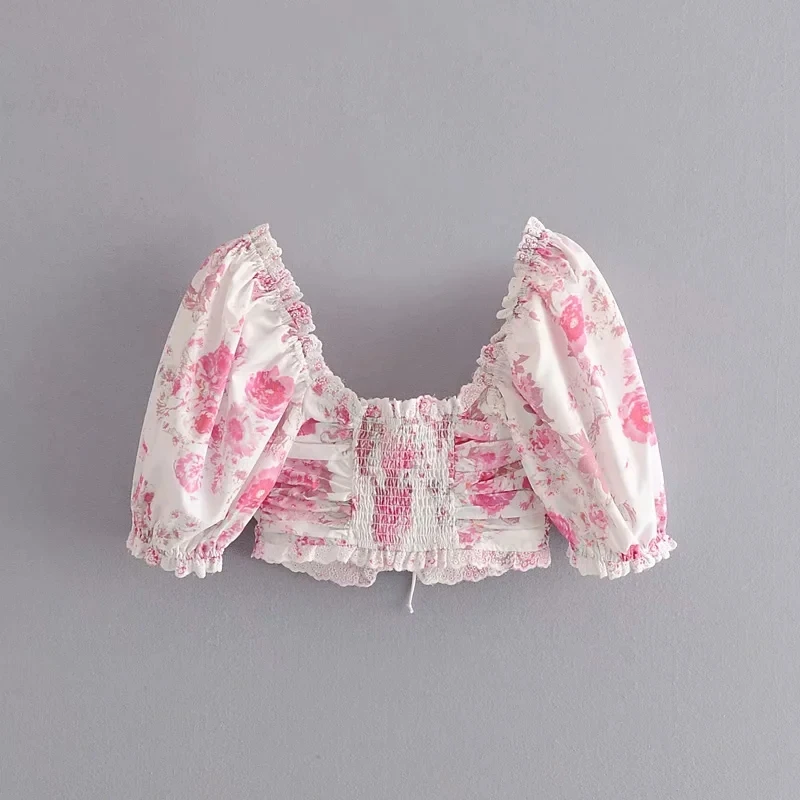 Блузка женская укороченная с оборками милая пикантная модная эластичная рубашка