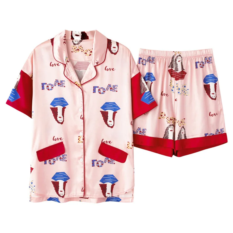 Satin Cartoon Print Cute Pajamas Women Sleepwear Summer Shorts Nice Pyjamas Lovely Pyjama Sets Femme Homewear Pajama