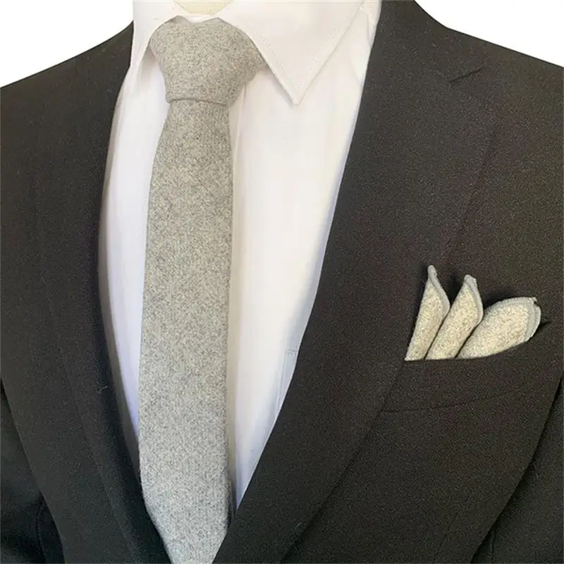 

New Men's Retro Wool Tie Plain Necktie Pocket Square Handkerchief Set gift Business Neckwear Hanky Wedding 6CM Skinny Accessory