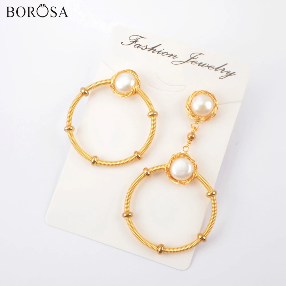 BOROSA 2/3 пары круглые ассиметричные пресноводные жемчужные висячие серьги в золотистой проволоке геометрические серьги с натуральным жемчугом WX1212