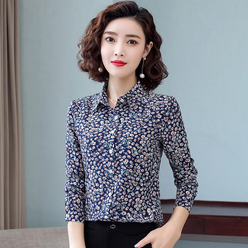 

2022 Spring Autumn Fashion Shirt Women'S Retro New Broken Flower Top Foreign Style Long Sleeve Chiffon Shirt Middle-Aged Mother