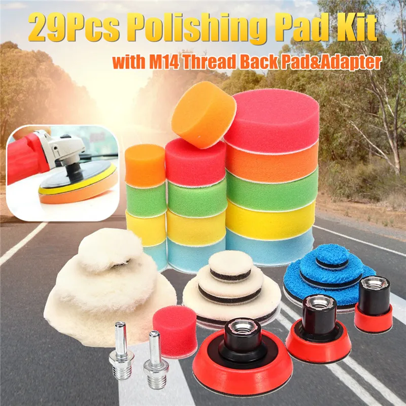 

29Pcs Polishing Pad Kit With M14 Thread Back Pad&Adapter Sponge Wool For Polishing Waxing Polishing Kits