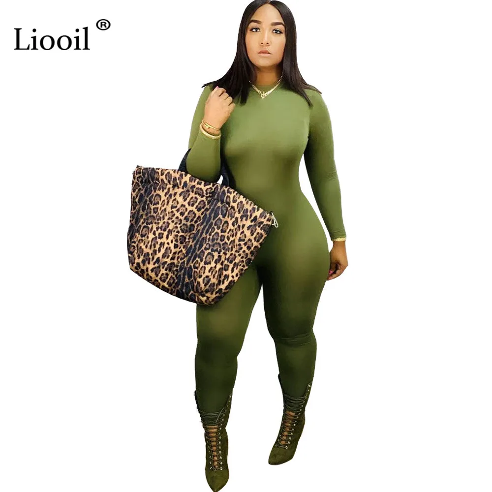 Liooil, черный сексуальный эластичный цельный Облегающий комбинезон, женская одежда, облегающие вечерние комбинезоны с длинным рукавом и круглым вырезом, женский комбинезон s - Цвет: Зеленый
