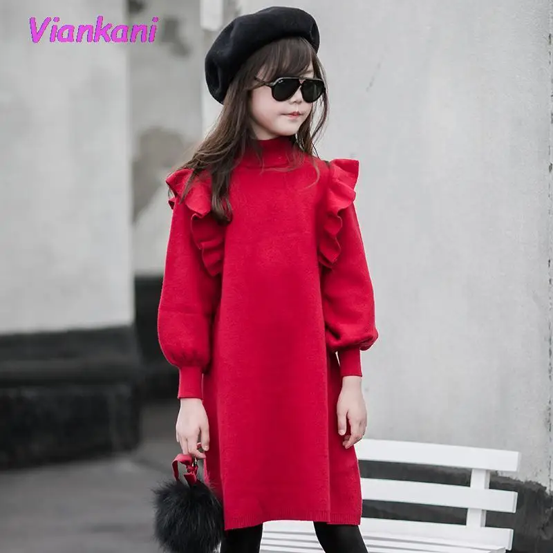 

Children Kids Girls Clothes Red 2021 Spring Fall Knitted Ruffles Teen Girl's Long Sleeve Sweater Dresses 4 7 8 9 10 11 12 13 14Y