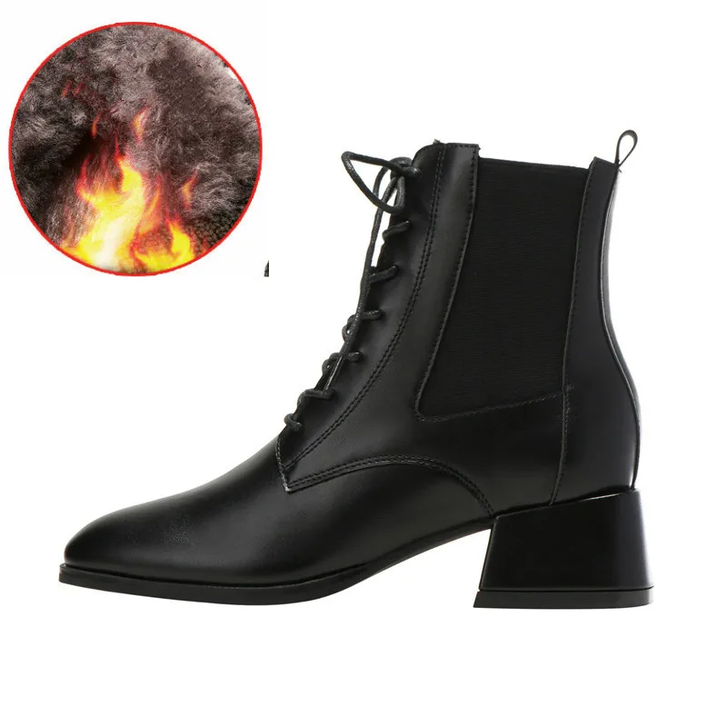 

Boots Women Fashion Solid Leather Middle Lace-Up Thick Boots Round Toe Shoes Outdoor PU Leather Winter Female Shoes Sep R11-72