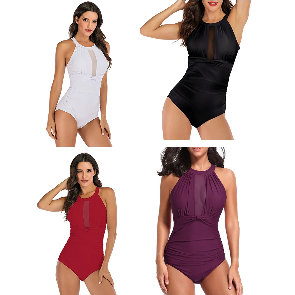 

Women One Piece Swimwear Sexy Mesh Patchwork Pleated Solid Color Push-up Halter Swimsuit Monokini Beach Wear