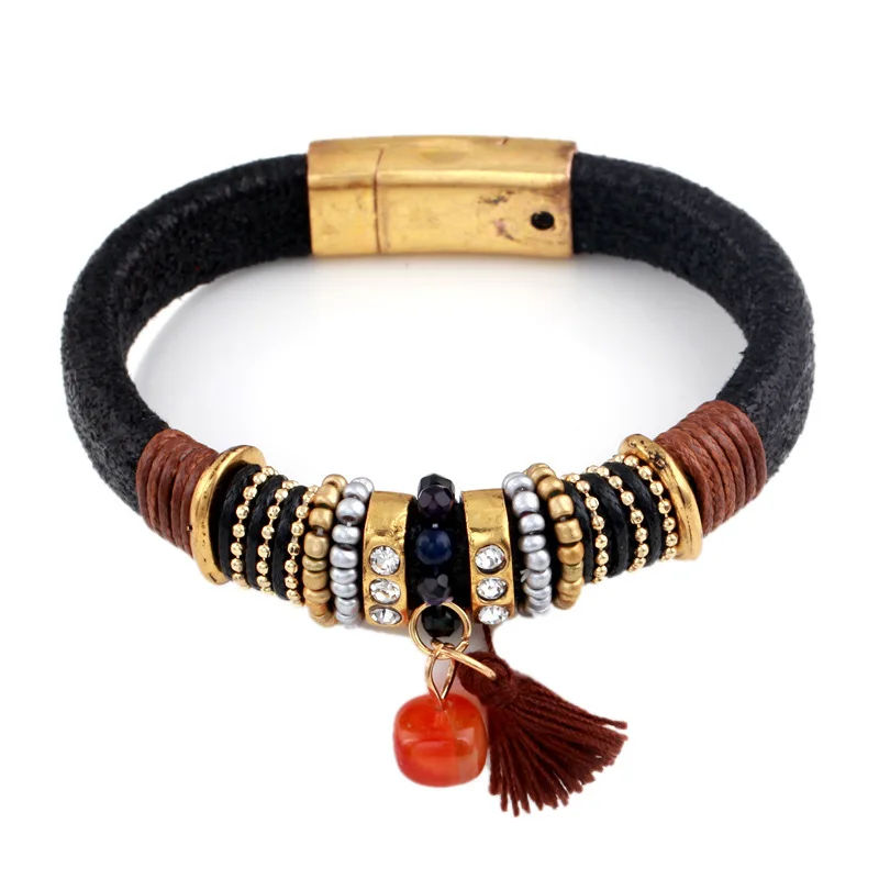 

Emerging brand designer fashion trend women high-quality Retro leather ladies bracelet with diamond alloy bracelets