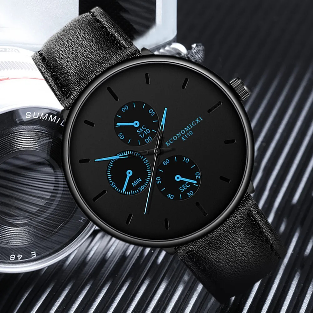 Мужские часы модные черные деловые наручные Простой Кожаный ремешок с тремя