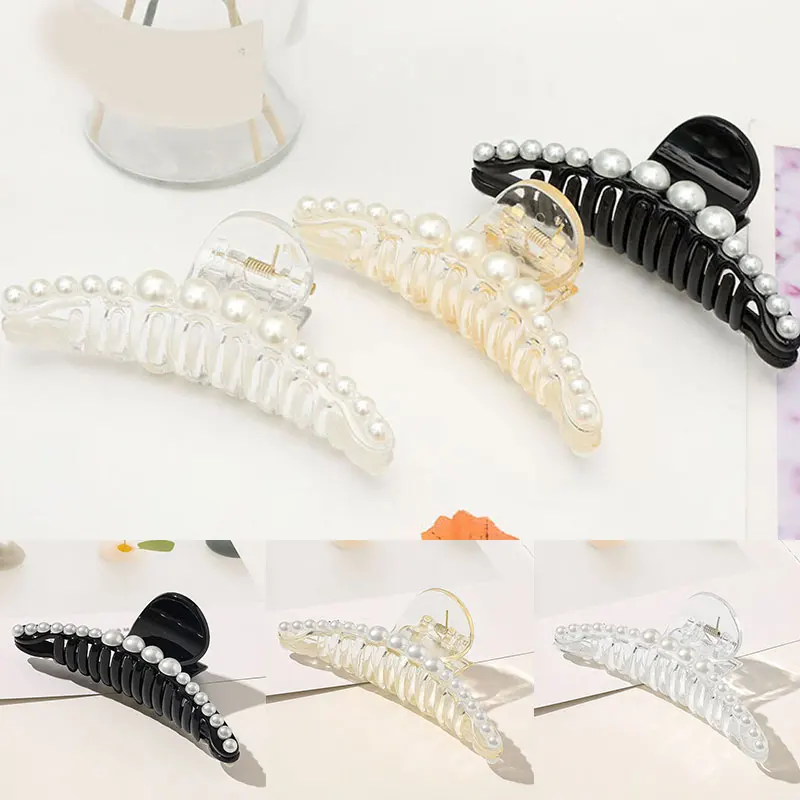

1Pc Plastic Hair Claws Large Barrette Pearls Hairgrip Hair Claws Hair Clip Crab Hair Accessories Hairpins Elegant Headwear Black