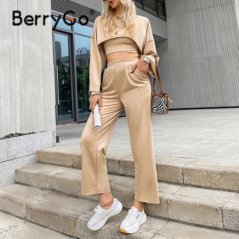 

BerryGo 2021 Winter soft long pant sets women Sexy flare sleeve crop top+high waist streight pant Fashion home three piece sets