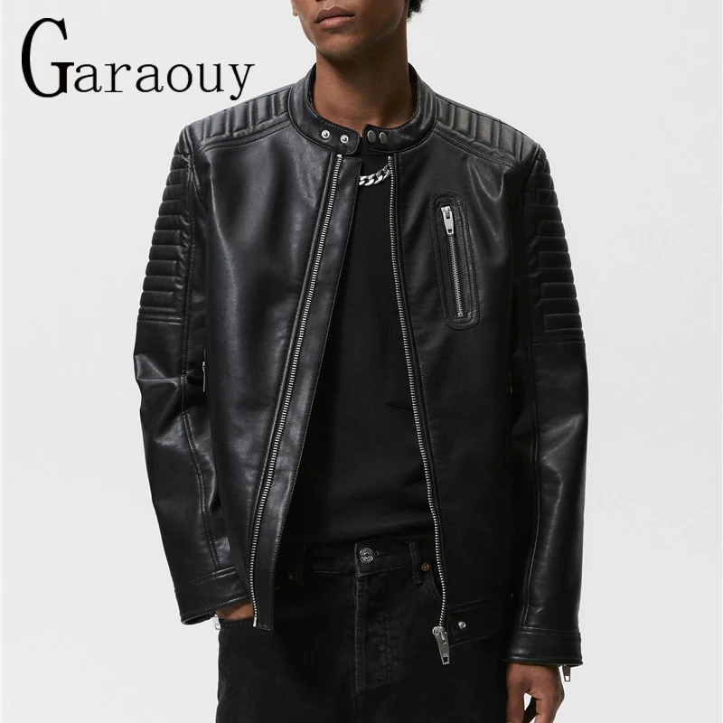 

Мужская одежда Garaouy 2022, зимнее новое пальто, трендовая Мужская мотоциклетная повседневная куртка на молнии из искусственной кожи с воротник...
