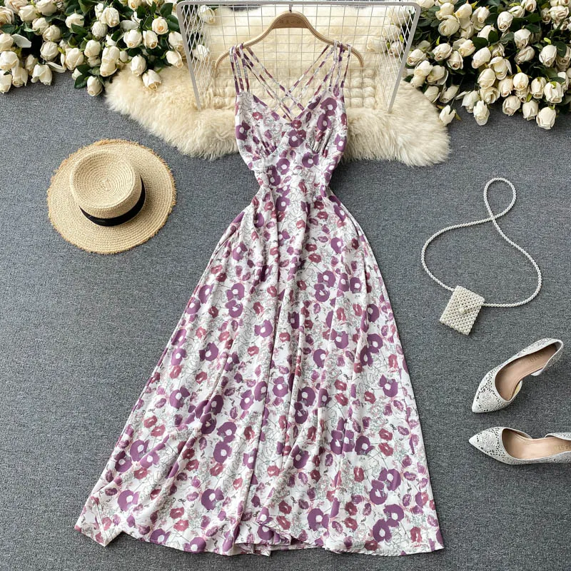 

Summer New Fashion Seaside Vacation Vestidos Female V-neck Halter Cross Strap Sexy Floral Beach Midi Dress DK621