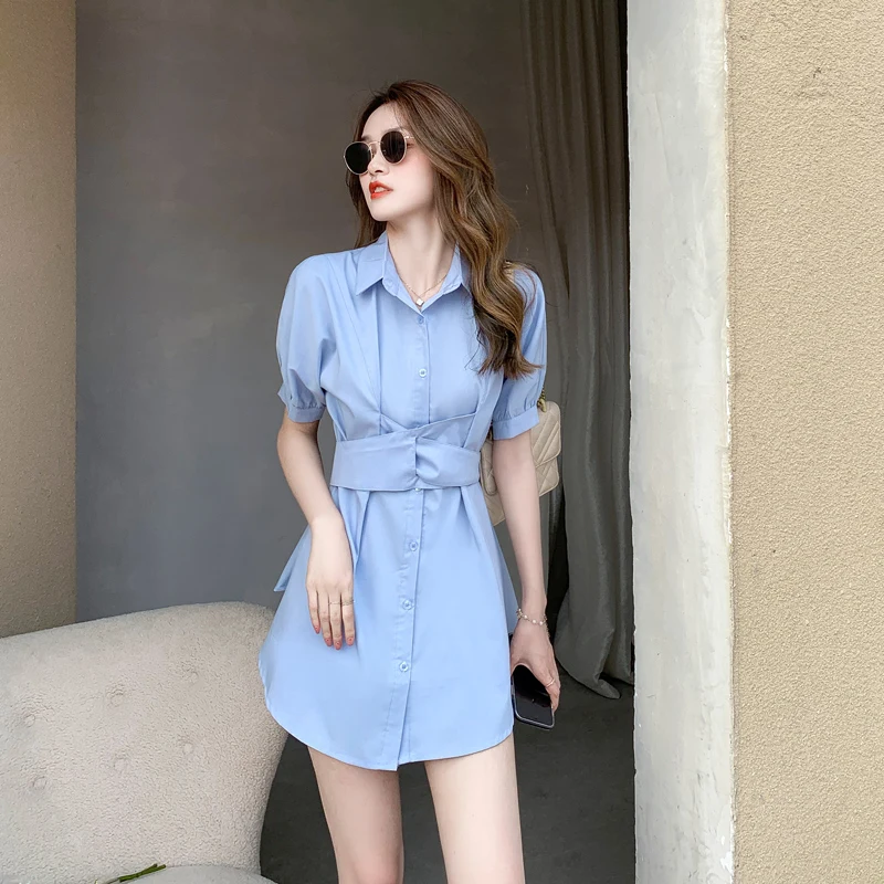 

Women Suits 2021 Summer Korean Chic Ladies Simple Blue Single-Breasted Lace Up Slim Shirt Dresses + Casual Shorts Two Piece Set