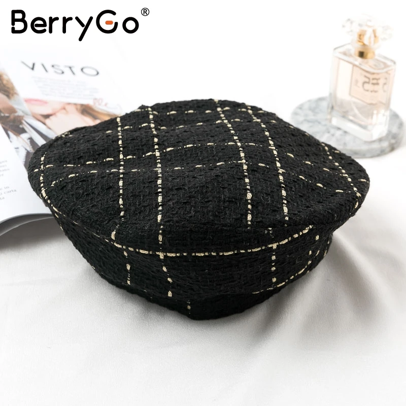 BerryGo твидовые клетчатые женские плоские шапки береты регулируемые элегантные