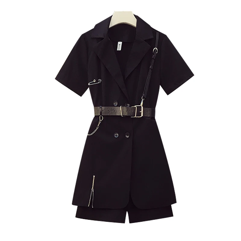 

4XL Plus Size Women Black Blazer Dress and shorts set Summer Punk Style Short Sleeve Double breasted Zipper Mini Dresses set