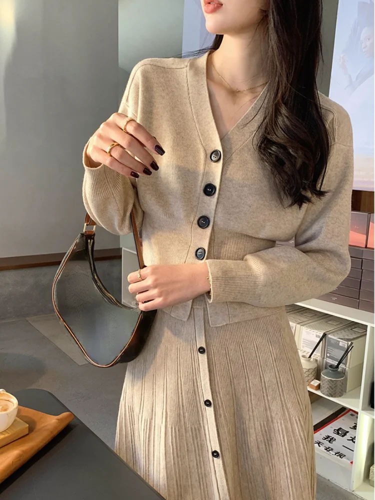 

2021 Winter Knitted Suits Women Pure Collor Elegant 2 Piece Dress Set Korean Style Slim Cardigan + Midi Skirts Office Lady Chic