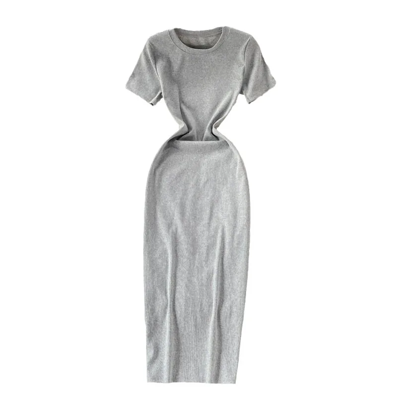 

2020 summer new Korean grey temperament round neck short sleeve waist close thin over the knee dress split long